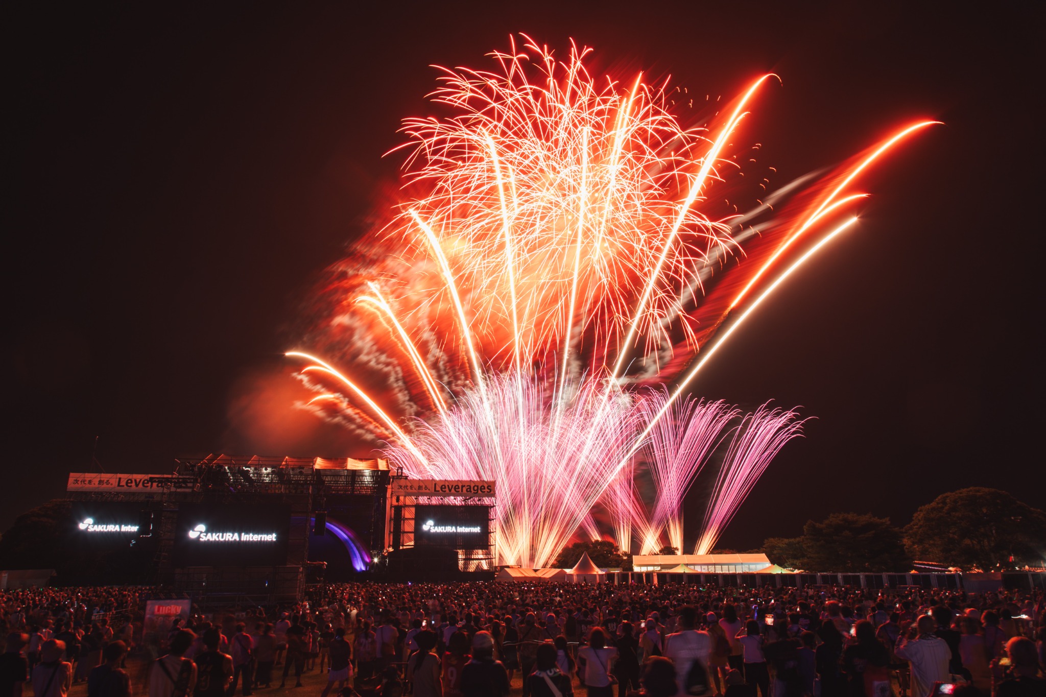 花火が夜空を彩るフェスのステージと観客